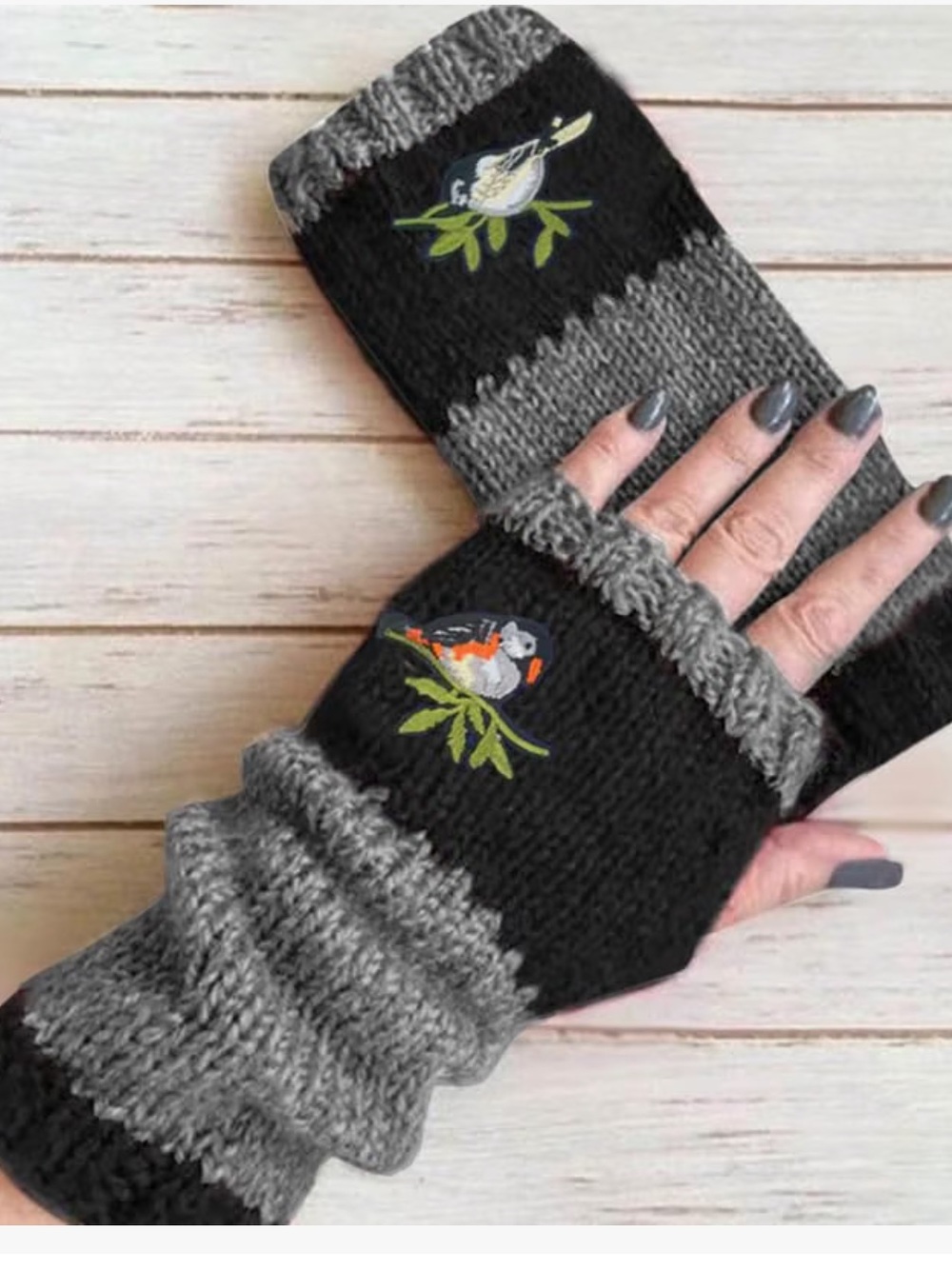 Handmade Gray & Black Bird Embroidered Fingerless Gloves